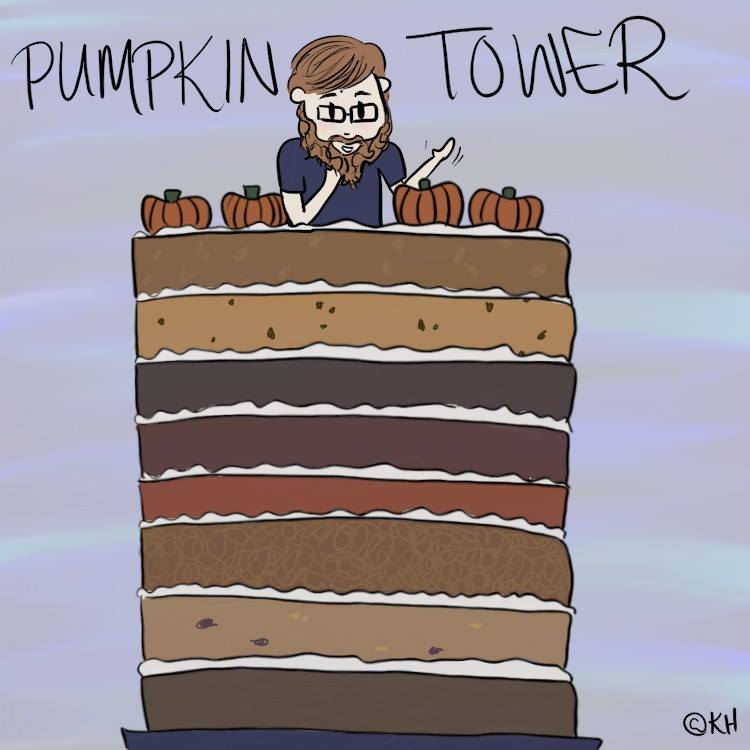 An illustration of Nash looking out from atop an enormous Pumpkin Tower, comprised of many layers of colorful desserts with icing between each one.